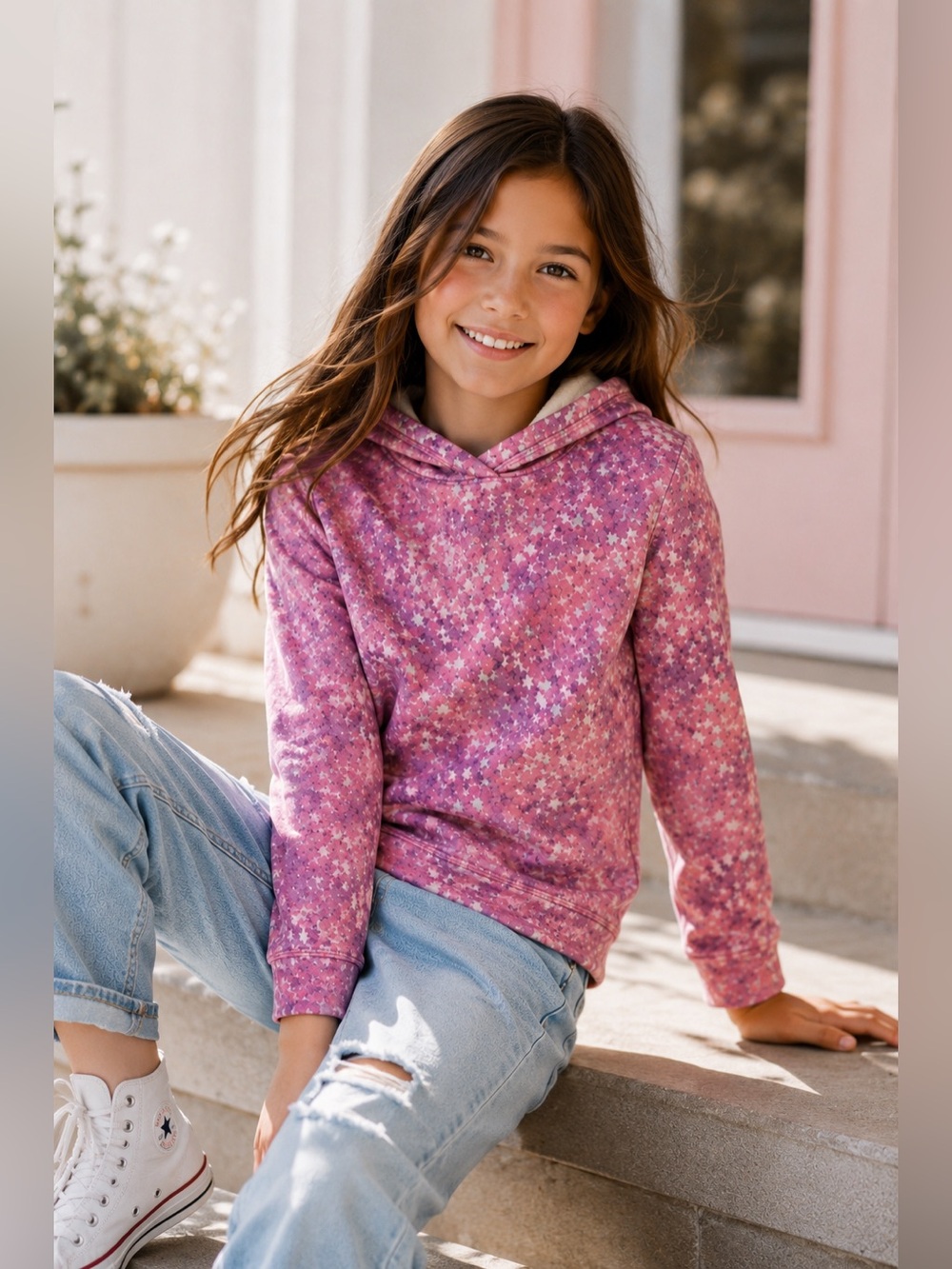 JOE FRESH ACTIVE Pink AOP Star Print Fleece Lined Hoodie Sz M 7-8 Celestial Cute